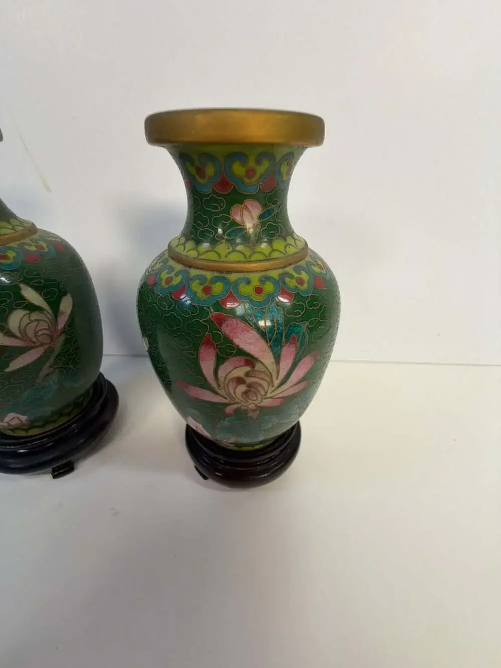 Vintage Pair of Chinese Cloisonne Bud Vases with‎ Floral Motif and Wood Stands